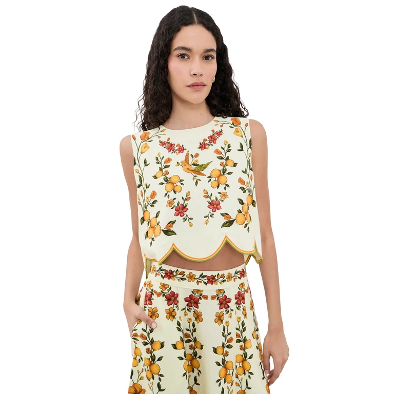 FARM Rio Scalloped Blouse Lemon Bouquet Off-White L