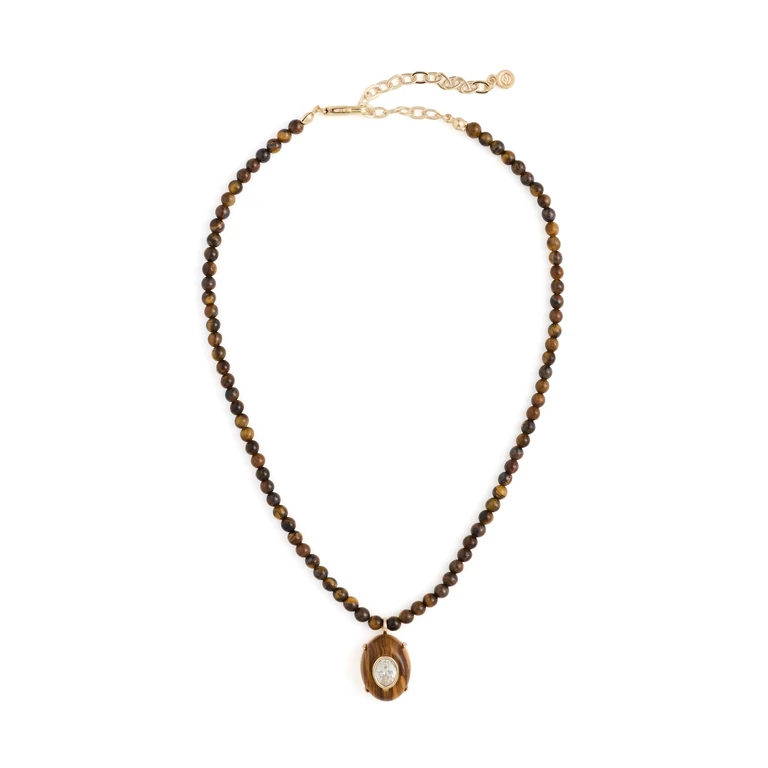 Modern Beaded Pendant Necklace Tiger's Eye One Size