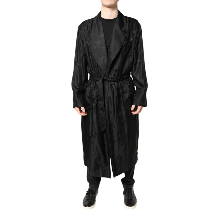 Dolce & Gabbana Black Silk Dg Logo Men Wrap Robe Coat Jacket Clothing - Men