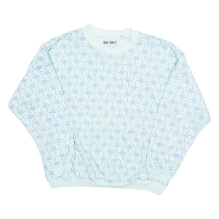 FLEECE FORWARD Bow Print Fleece Lined Womens Sweatshirt Blue V-Neck 90s L