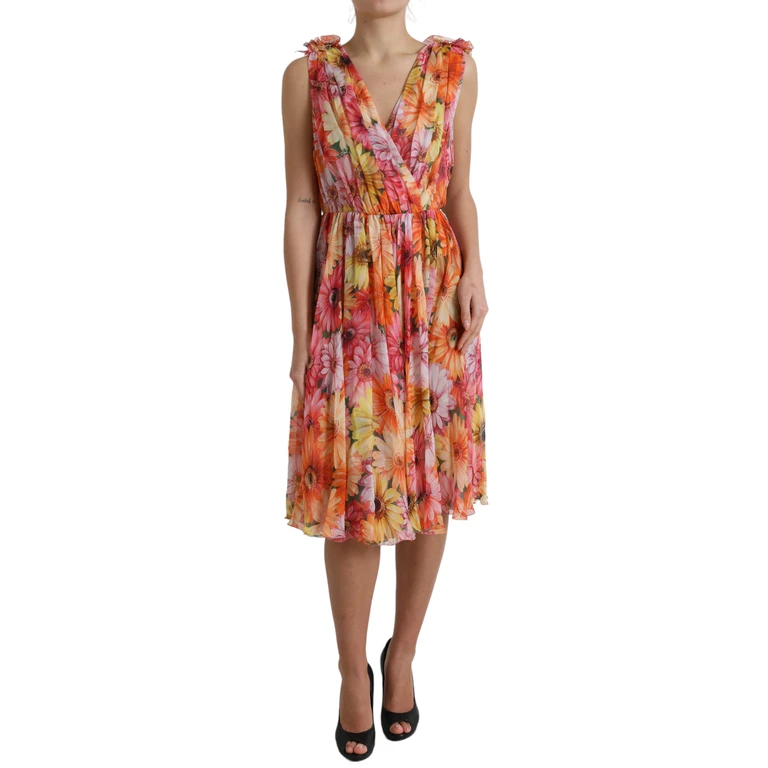 Dolce & Gabbana Multicolor Sunflower Print Silk Midi Dress - Women