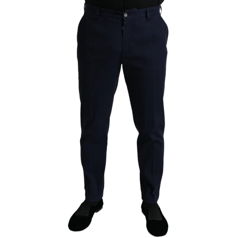 Dark Blue Cotton Stretch Slim Fit Dress Pants Elastane - Men