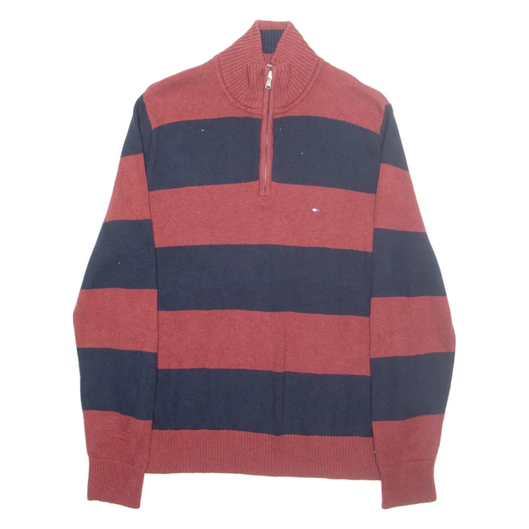 TOMMY HILFIGER Mens Patterned Jumper Red Striped 1/4 Zip Tight Knit S