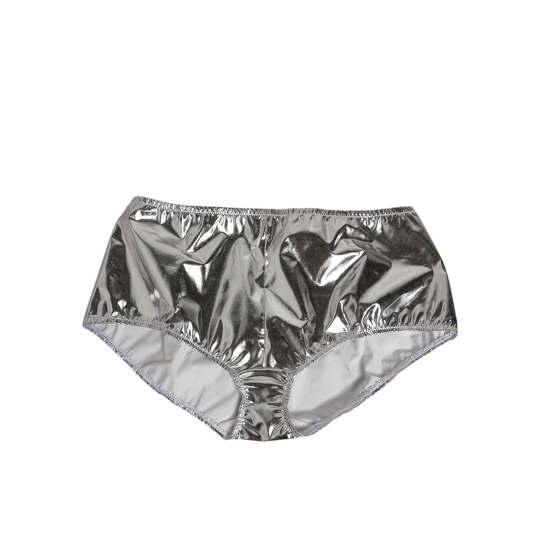 Silver Metallic High Waist Bikini Bottom Women Underwear Polyester Clothing - Women