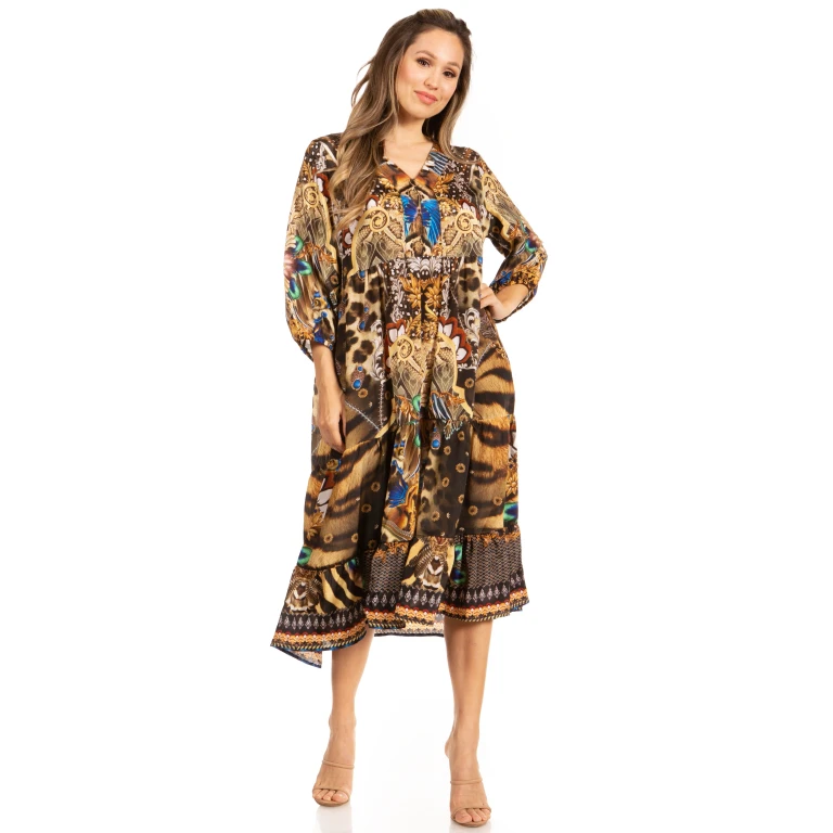 Sakkas Sole Women's Boho Floral Print V-Neck Midi Dress with Long Sleeves
