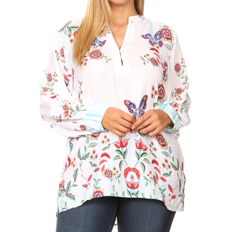 Sakkas Fara Women's Casual Floral Print Lightweight Long Sleeve Blouse Tunic Top