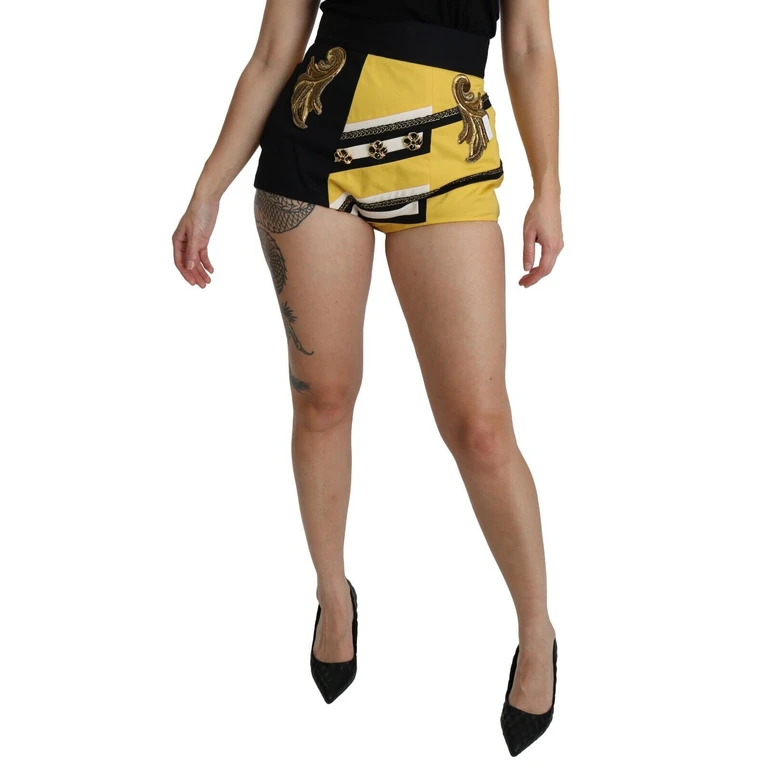 Dolce & Gabbana Yellow Black Cotton Jewelled Hot Pants Shorts - Women