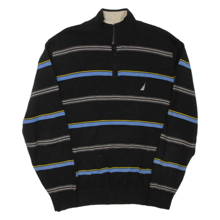 NAUTICA Mens Patterned Jumper Black Striped 1/4 Zip Tight Knit L