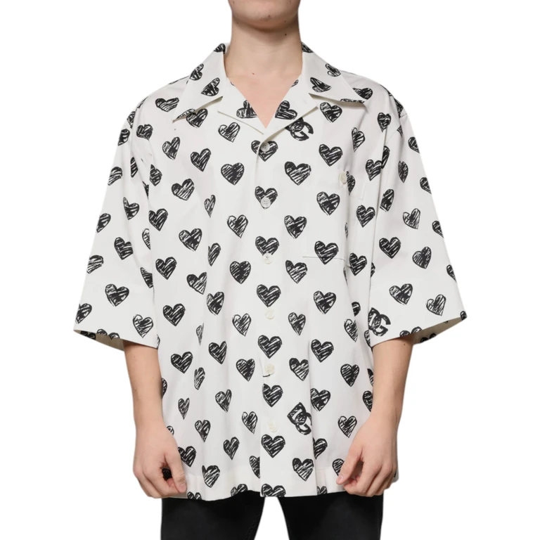 Dolce & Gabbana White Heart Print Short Sleeve Casual Shirt Black/white Cotton Elastane - Men