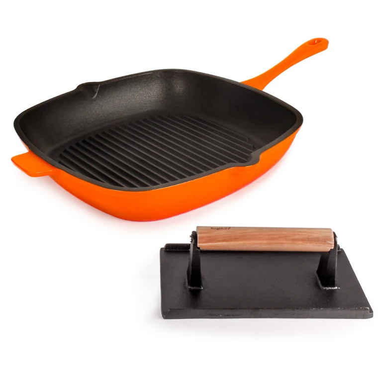 Neo 2pc Cast Iron 11" Grill Pan with Steak Press, Orange