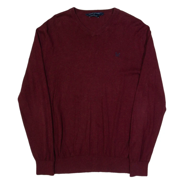 CREW CLOTHING Mens Jumper Maroon V-Neck Tight Knit S