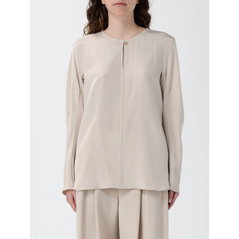 Long-Sleeved Crewneck Stretch Silk Satin Blouse (2611191018600016)