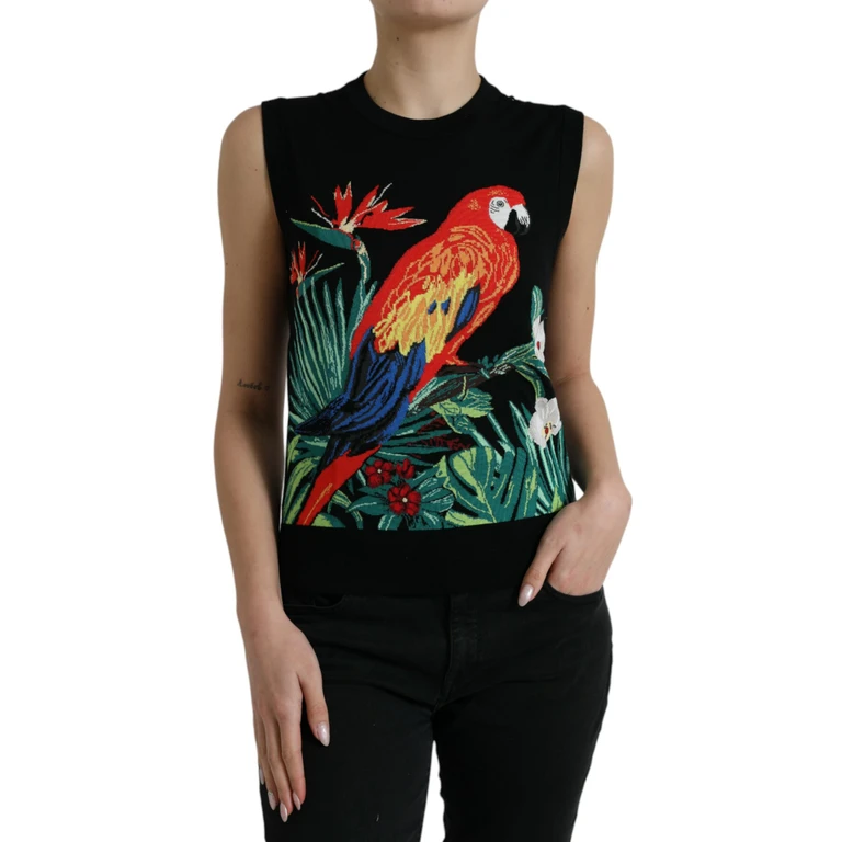 Dolce & Gabbana Black Jungle Crew Neck Sleeveless Tank Top Virgin Wool Silk - Women