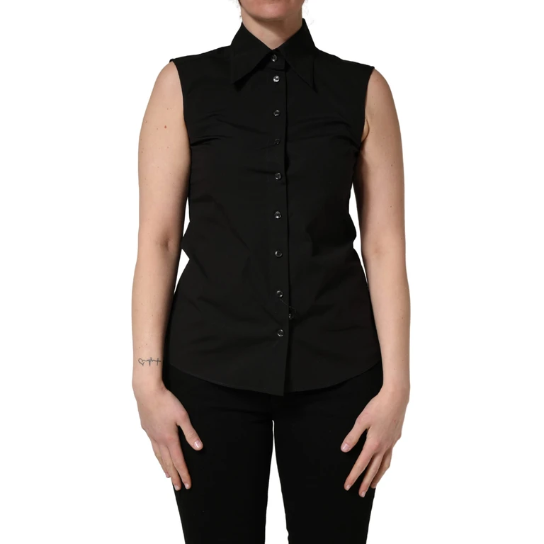 Black Cotton Sleeveless Collared Blouse Top - Women