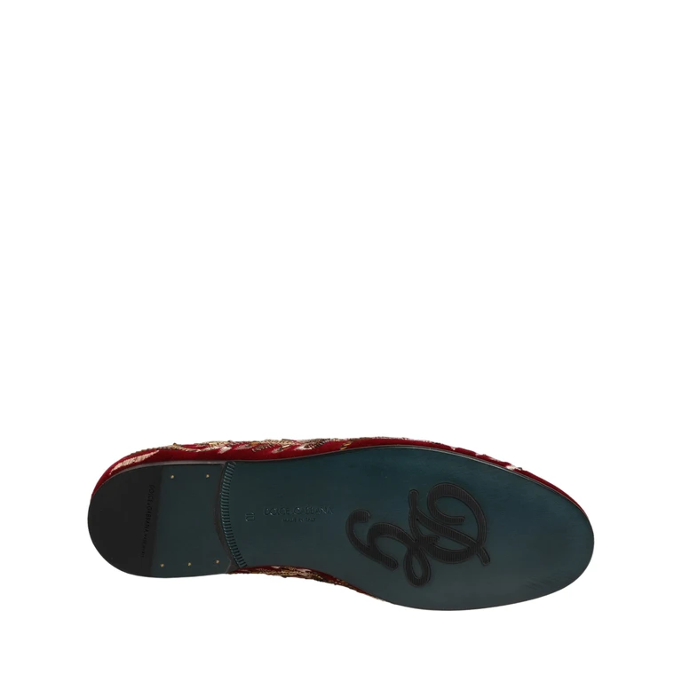 Dolce & Gabbana Red Velvet Floral Embroidery Loafers Shoes Leather - Men