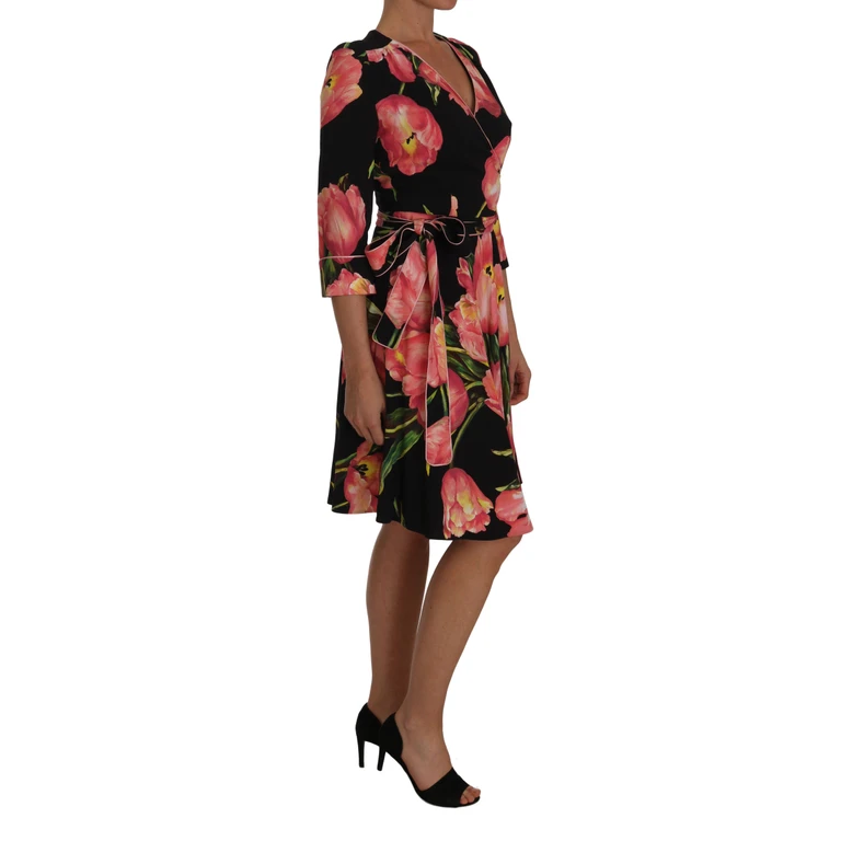 Dolce & Gabbana Black Pink Tulip Print Stretch Shift Dress Viscose - Women