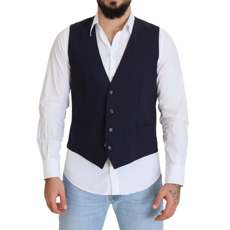 Dolce & Gabbana Dark Blue Wool Stretch Waistcoat Formal Vest Virgin Elastane Clothing - Men
