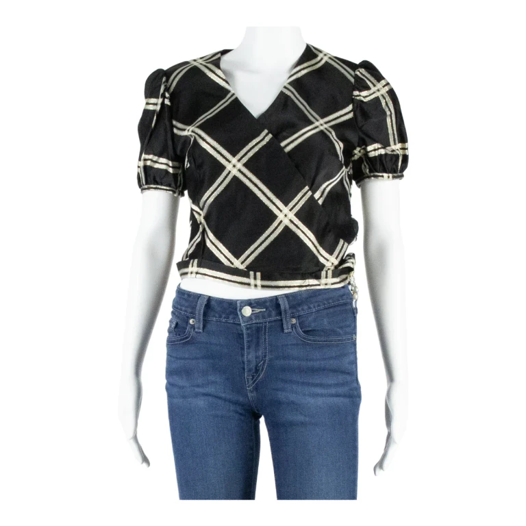 Womens Wrap Blouse Black V-Neck Puff Sleeve Diamond S