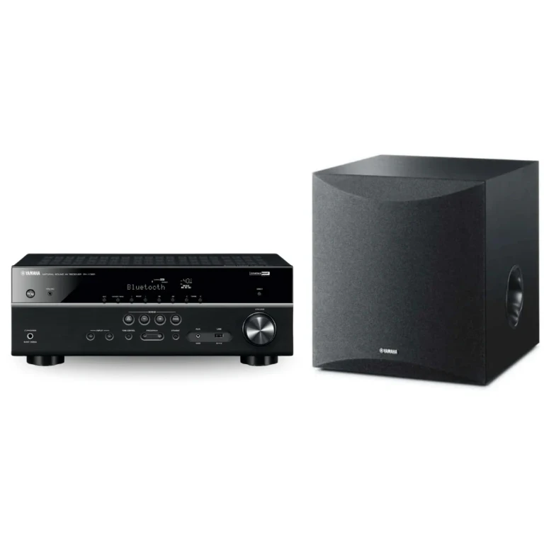 RX-V385 5.1-Channel 4K Ultra HD AV Receiver with NS-SW050BL 8" 100W Powered Subwoofer (Bundle)