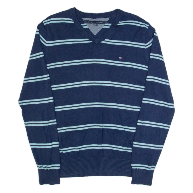 TOMMY HILFIGER Mens Patterned Jumper Blue Striped V-Neck Tight Knit M