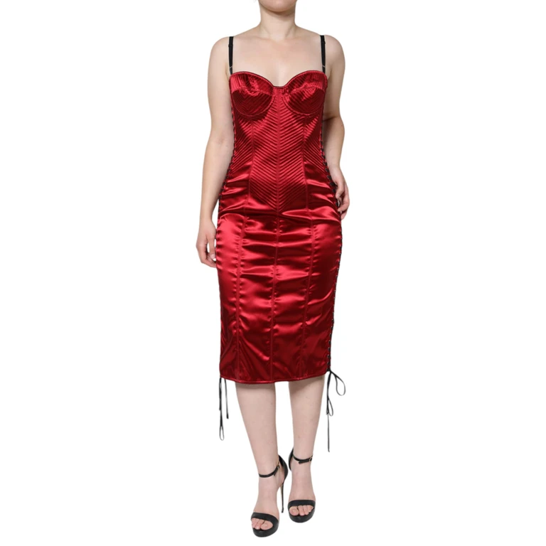 Dolce & Gabbana Red Bustier Corset Lace Bodycon Midi Dress Acetate Nylon Elastane - Women