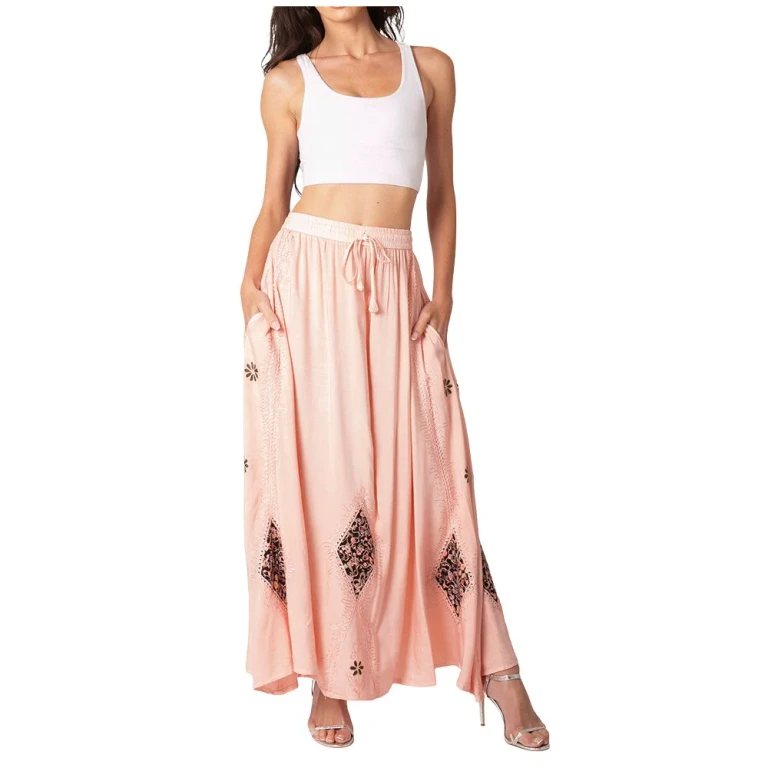 Sakkas Zarah Women's Boho Embroidery Gypsy Skirt with Lace Elastic Waist Pockets