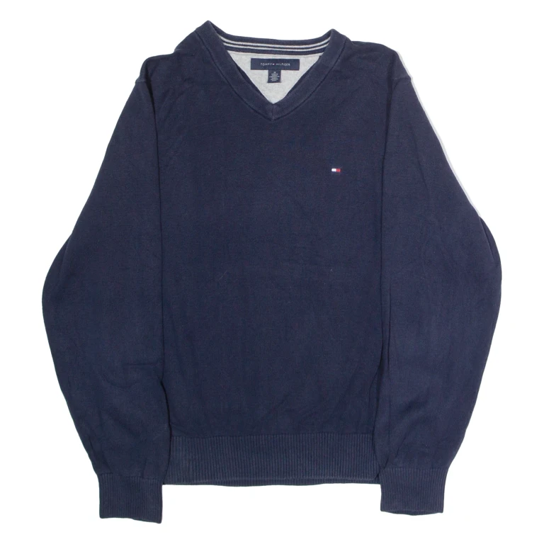 TOMMY HILFIGER Mens Jumper Blue V-Neck Tight Knit M