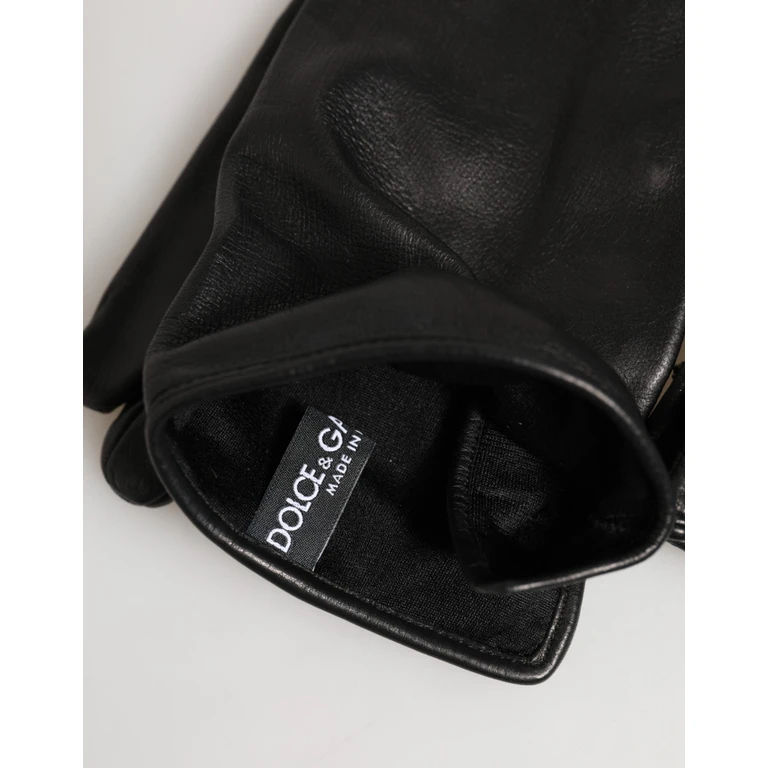 Black Leather Embellished Long Mitten Gloves Lamb - Women