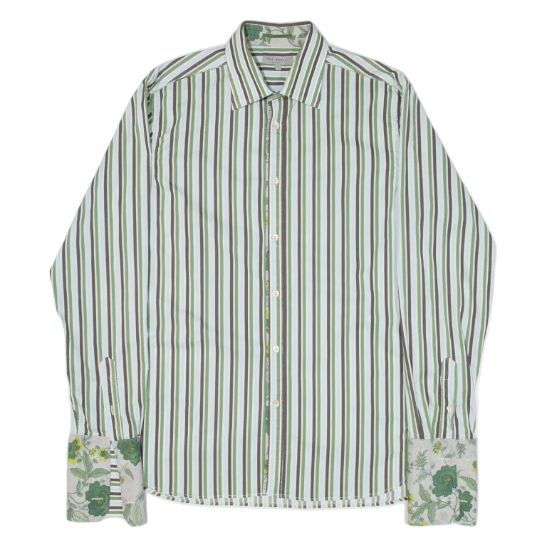 TED BAKER Mens Formal Shirt Green Striped Long Sleeve M