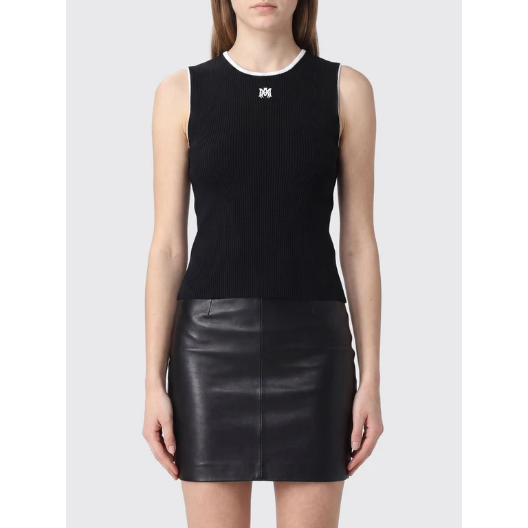 Slim Fit Ribbed-Knit Top with Embroidered Monogram (AMTOKN1052BLACK)