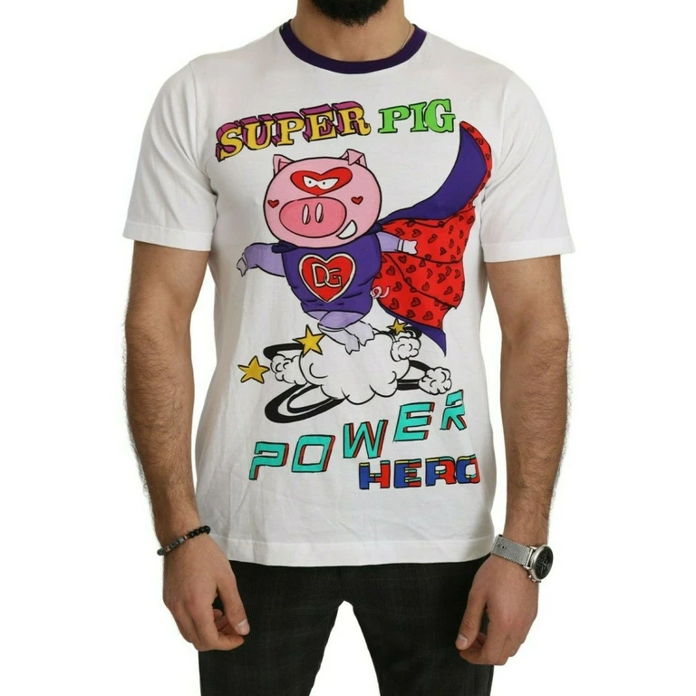 Dolce & Gabbana White Cotton Top Super Power Pig T-Shirt - Men