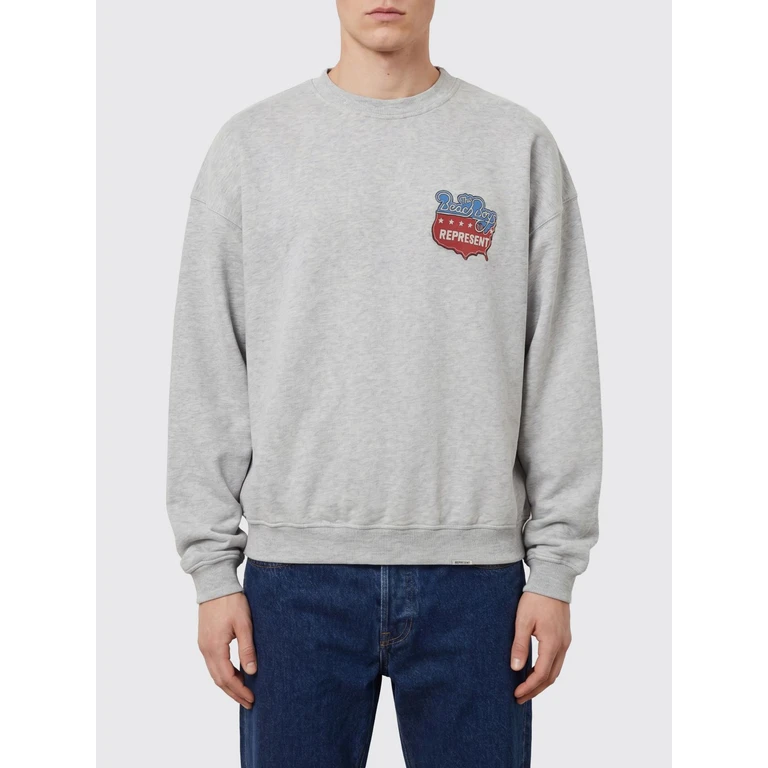 Graphic Print Cotton Crewneck Sweatshirt with Dropped Shoulders (MLM101232ICEGREYMAR)