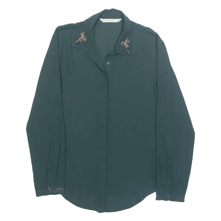 ZARA Womens Shirt Green Collared Long Sleeve M