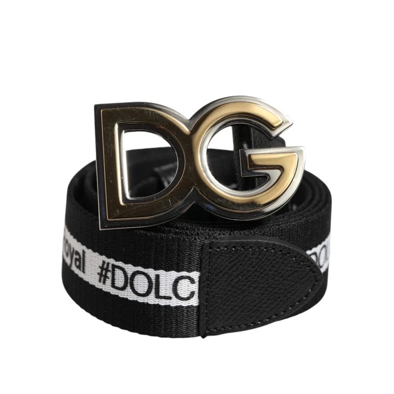 Dolce & Gabbana Black Cotton Metal Dg Logo Gold Buckle Belt - Men