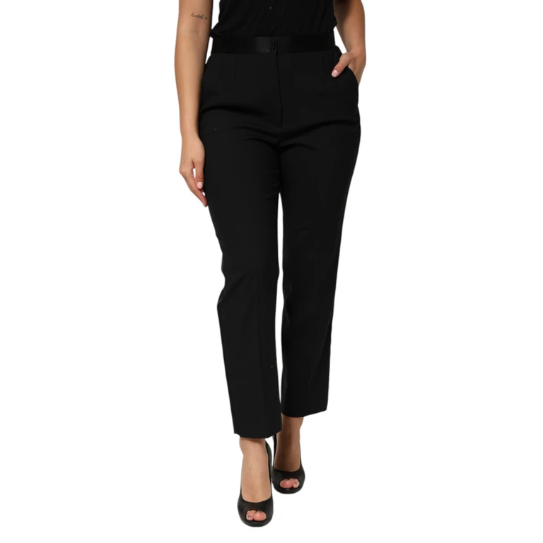 Dolce & Gabbana Black Wool Highwaist Tapered Trouser Pants Virgin Silk Elastane - Women