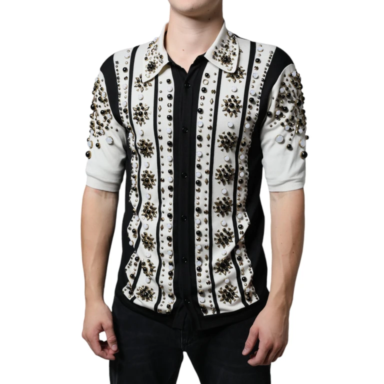 Dolce & Gabbana White Black Silk Studded Stone Crystal Shirt And - Men