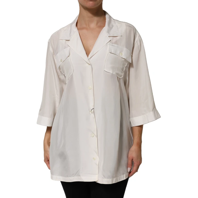 Dolce & Gabbana White Silk Collared 3-4 Sleeves Blouse Top - Women