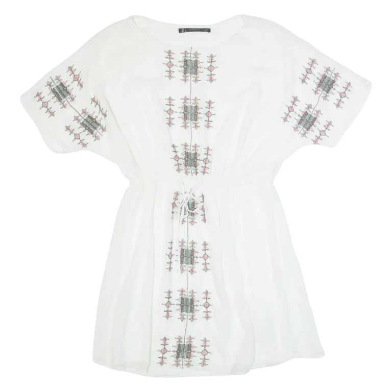 ZARA TRAFALUC Womens Day Dress White Short Sleeve Knee Length XS