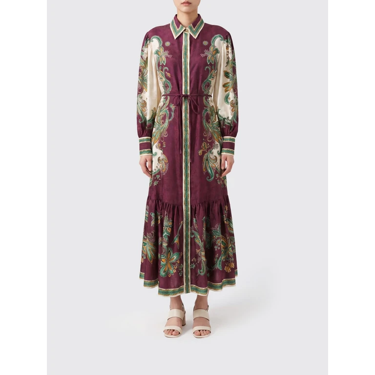 Long Silk-Blend Shirt Dress with Ethnic Print and Balloon Sleeves (7650DMULTI)
