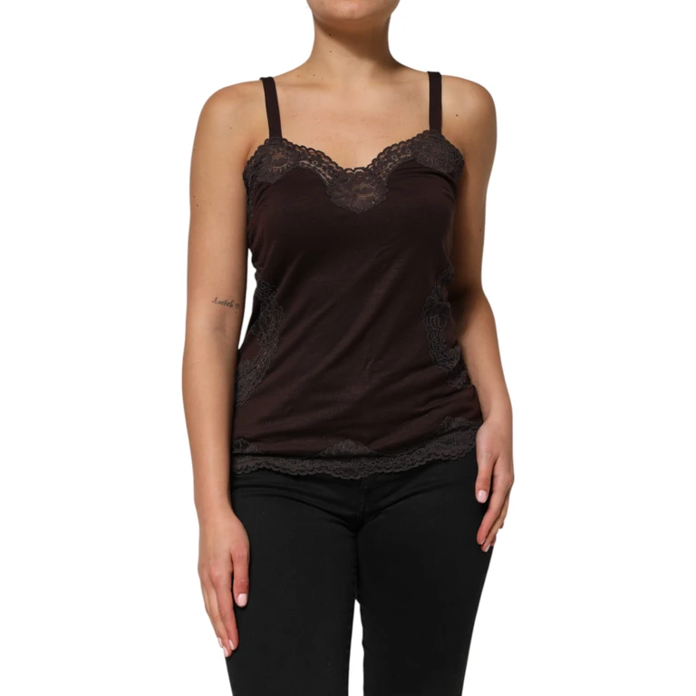 Dark Brown Lace Trim Wool Sleeveless Tank Top Virgin Elastane Nylon - Women