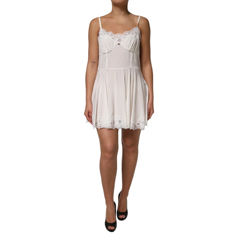 Dolce & Gabbana White Lace Gold Dg Logo Silk Dress Sleepwear Cotton Nylon Elastane - Women