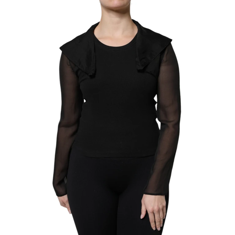 Black Silk Sheer Long Sleeves Blouse Top - Women