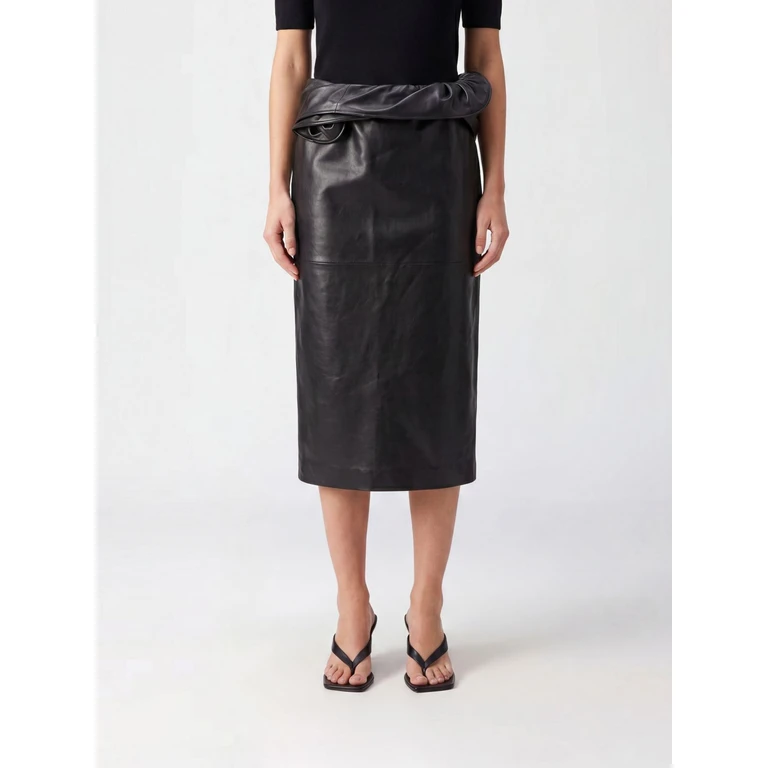 Leather Midi Pencil Skirt with Rouches (263526BLACK)