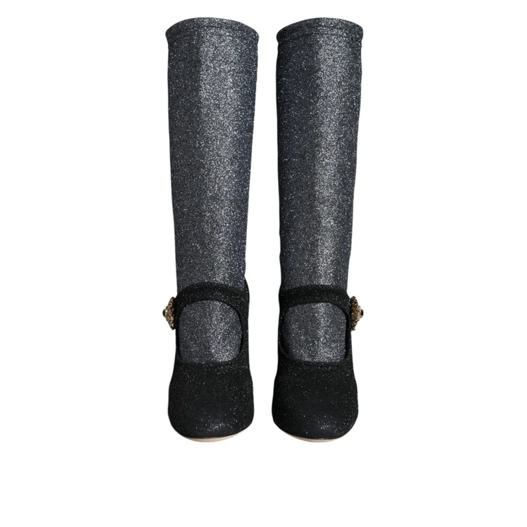 Dolce & Gabbana Black Crystal Mary Janes Booties Shoes And Gray Nylon Spandex (stretch) - Women