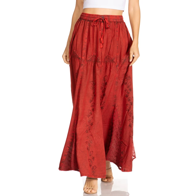 Sakkas Olivia Womens Maxi Bohemian Gypsy Long Skirt With Elastic Waist and Lace