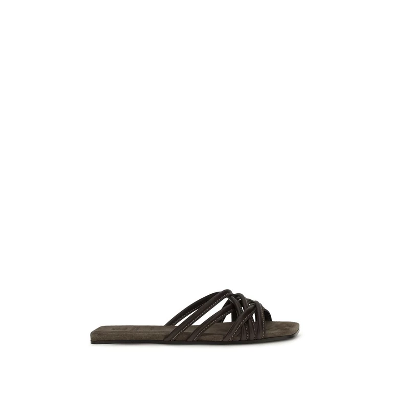Brunello Cucinelli Brown Calf Leather Bos Taurus Flat Sandals - Women