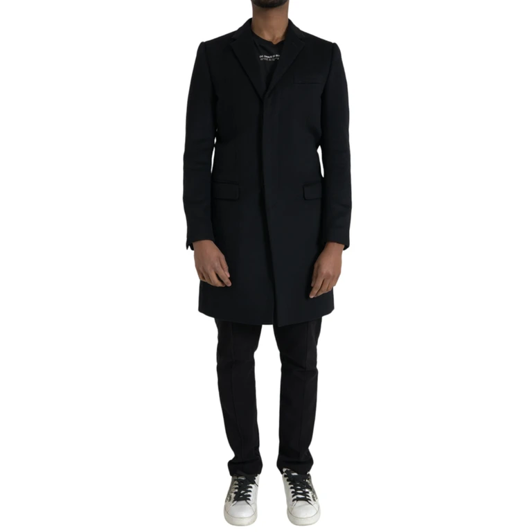 Black Single Breasted Trench Coat Jacket Virgin Wool Cashmere Clothing - Men