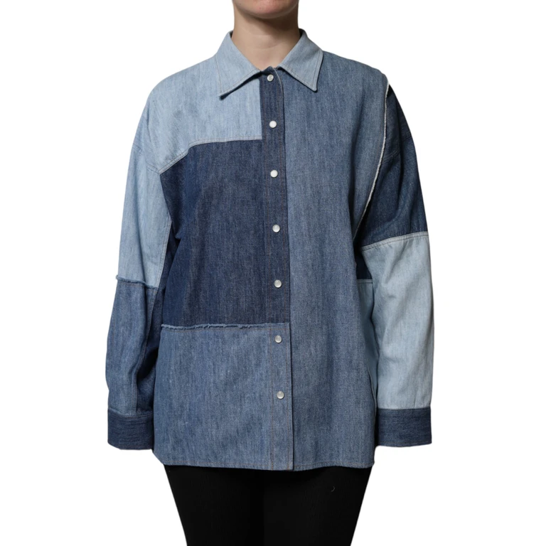 Blue Cotton Button Up Collared Long Sleeve Top - Women