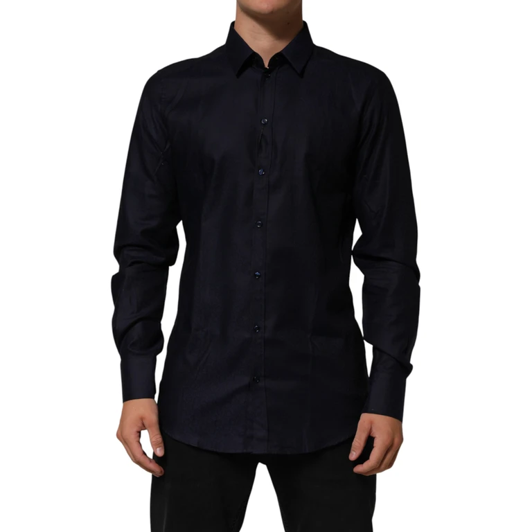 Dolce & Gabbana Blue Cotton Collared Long Sleeve Gold Men Dress Shirt - Men