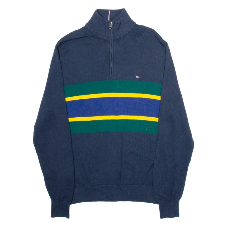 TOMMY HILFIGER Mens Patterned Jumper Blue Striped 1/4 Zip Tight Knit S
